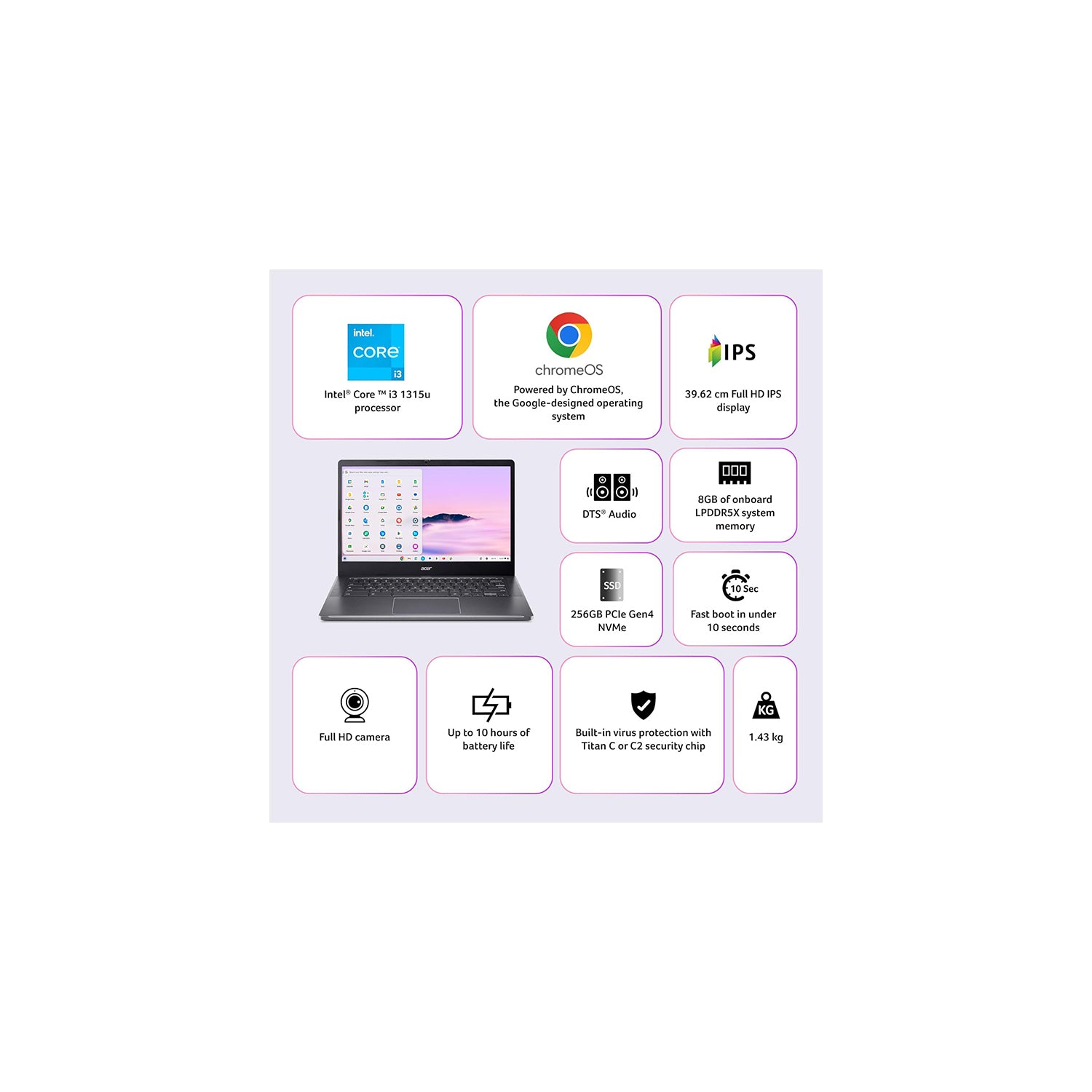 Acer Chromebook Plus, Intel Core i3 13th Gen-515U, 8GB RAM, 256GB SSD, Full HD IPS 15.6"/39.6cm, ChromeOS, Silver, 1.68KG